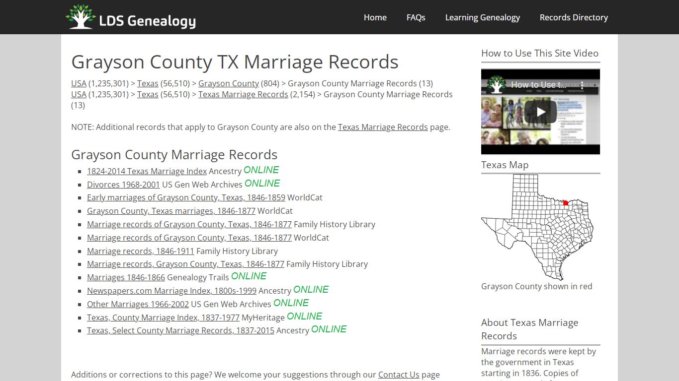 Grayson County TX Marriage Records - LDS Genealogy