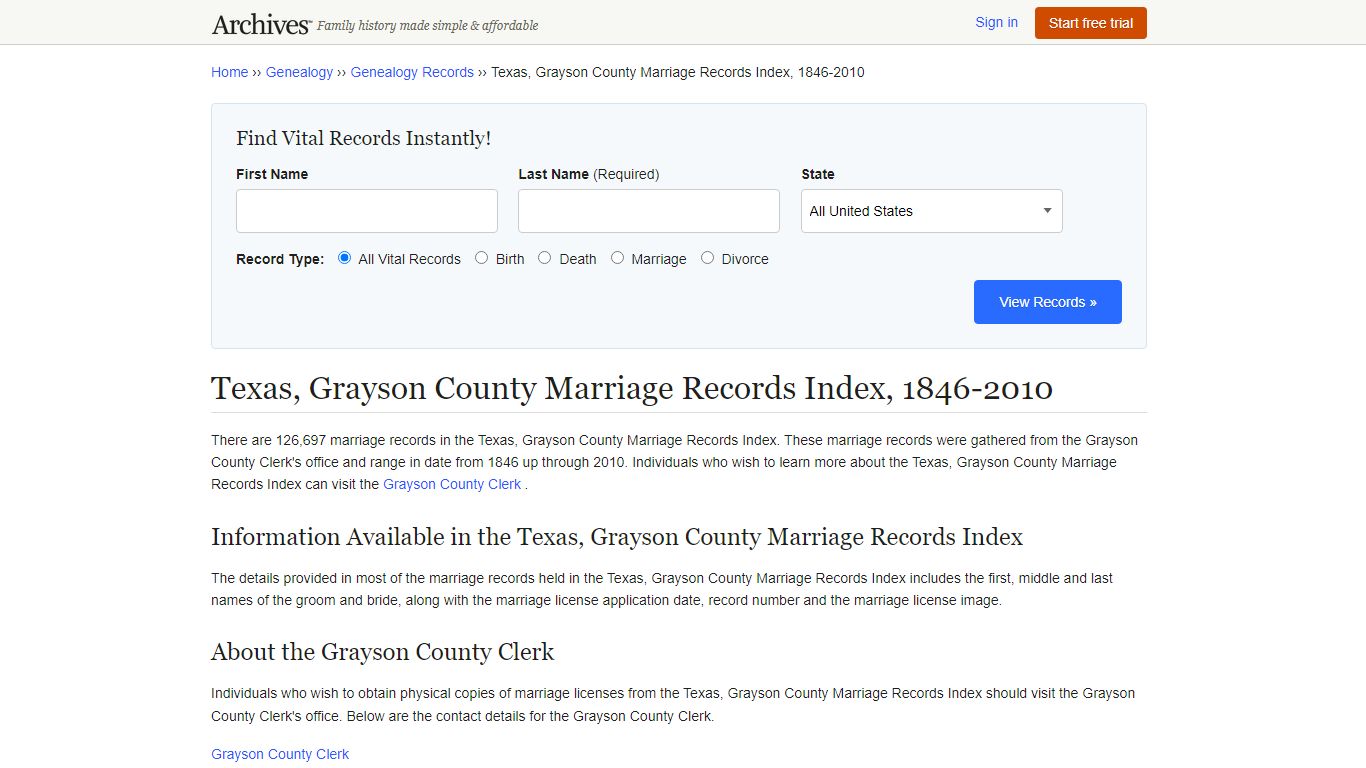 Texas, Grayson County Marriage Records Index, 1846-2010