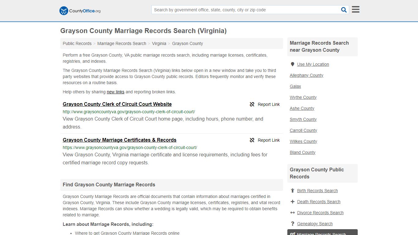 Grayson County Marriage Records Search (Virginia) - County Office