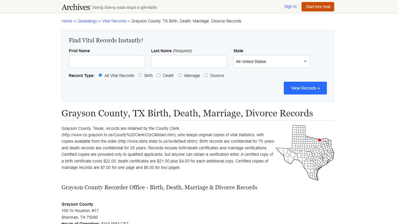 Grayson County, TX Birth, Death, Marriage, Divorce Records - Archives.com